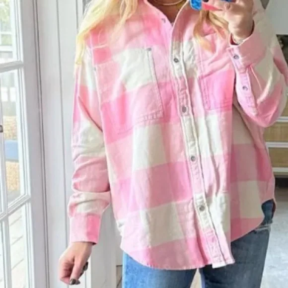 Aerie Pink and White Flannel Shirt - Picture 1 of 4